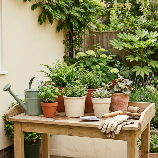 “Potted herbs and plants on a wooden garden bench with a sage green watering can, hand trowel, gardening gloves, and twine.”