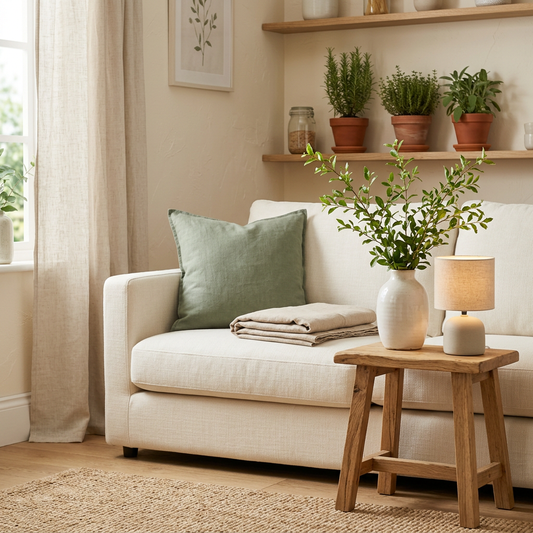Ivory sofa with a sage green cushion beside a wooden table holding a ceramic vase and lamp, with potted plants on shelves.
