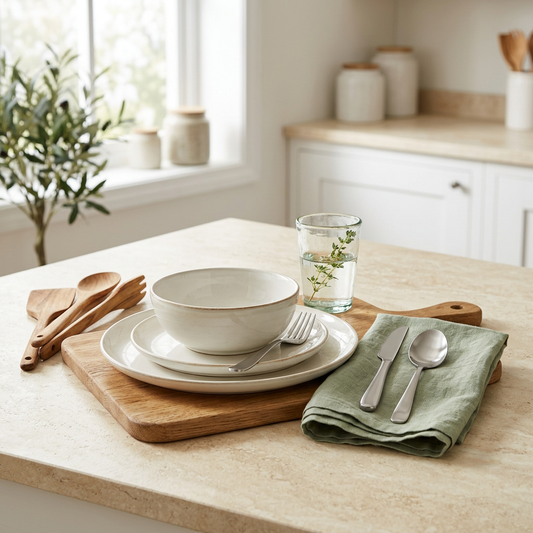 Square image-ta generate hocche, ceramic dinnerware, wooden kitchen tools ar soft sage accents diye. Kono text ba logo thakbe na. Ekhono collection-e set korini.