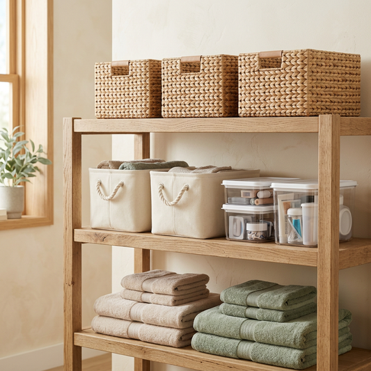 Wooden shelves with woven baskets, cream storage bins, clear containers, and neatly folded beige and sage green towels.