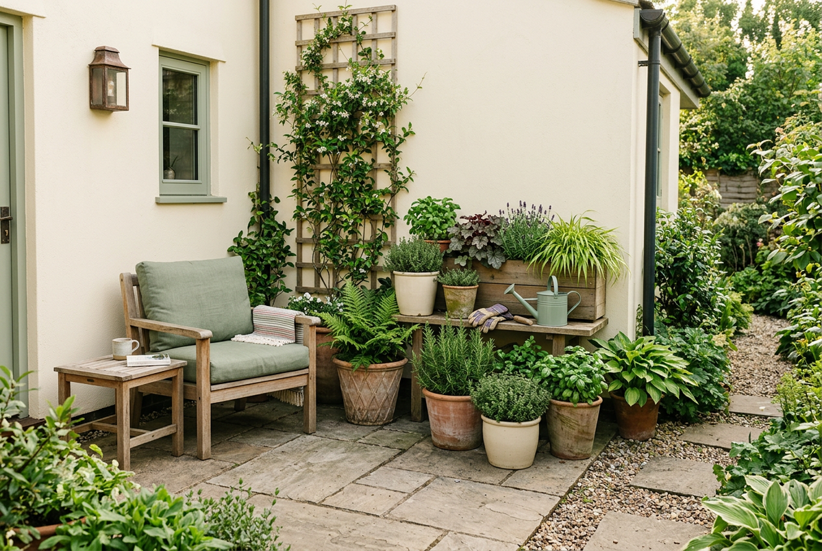 “Small patio with a wooden chair, sage cushions, potted plants, and a gardening shelf holding a watering can and gloves.”