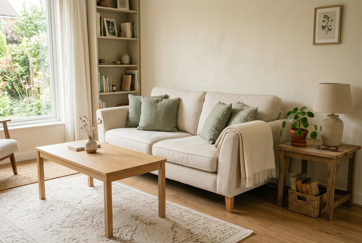 “Ivory sofa with sage cushions and a cream throw beside wooden tables, a ceramic lamp, a potted plant, and a woven book basket.”