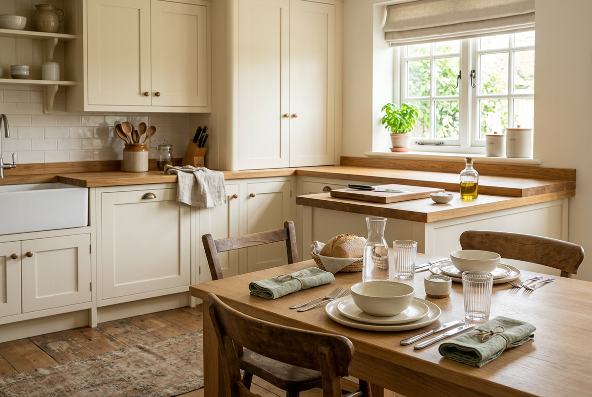 “Wooden dining table set with cream plates and bowls, clear glasses, and sage napkins in a bright kitchen with ivory cabinets.”