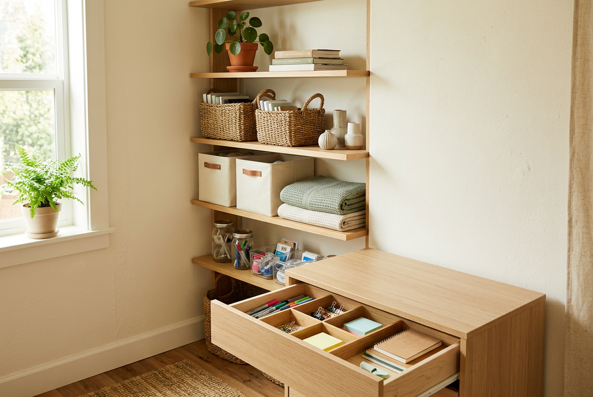  “Wooden shelves with woven baskets, cream storage bins, and folded towels beside an open drawer with organized stationery.”